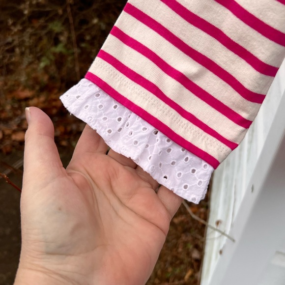 NWT Talbots Fun Pink Cream Stripe Appliqué Eyelet Heart Ruffled Cuff Top - Picture 3 of 4